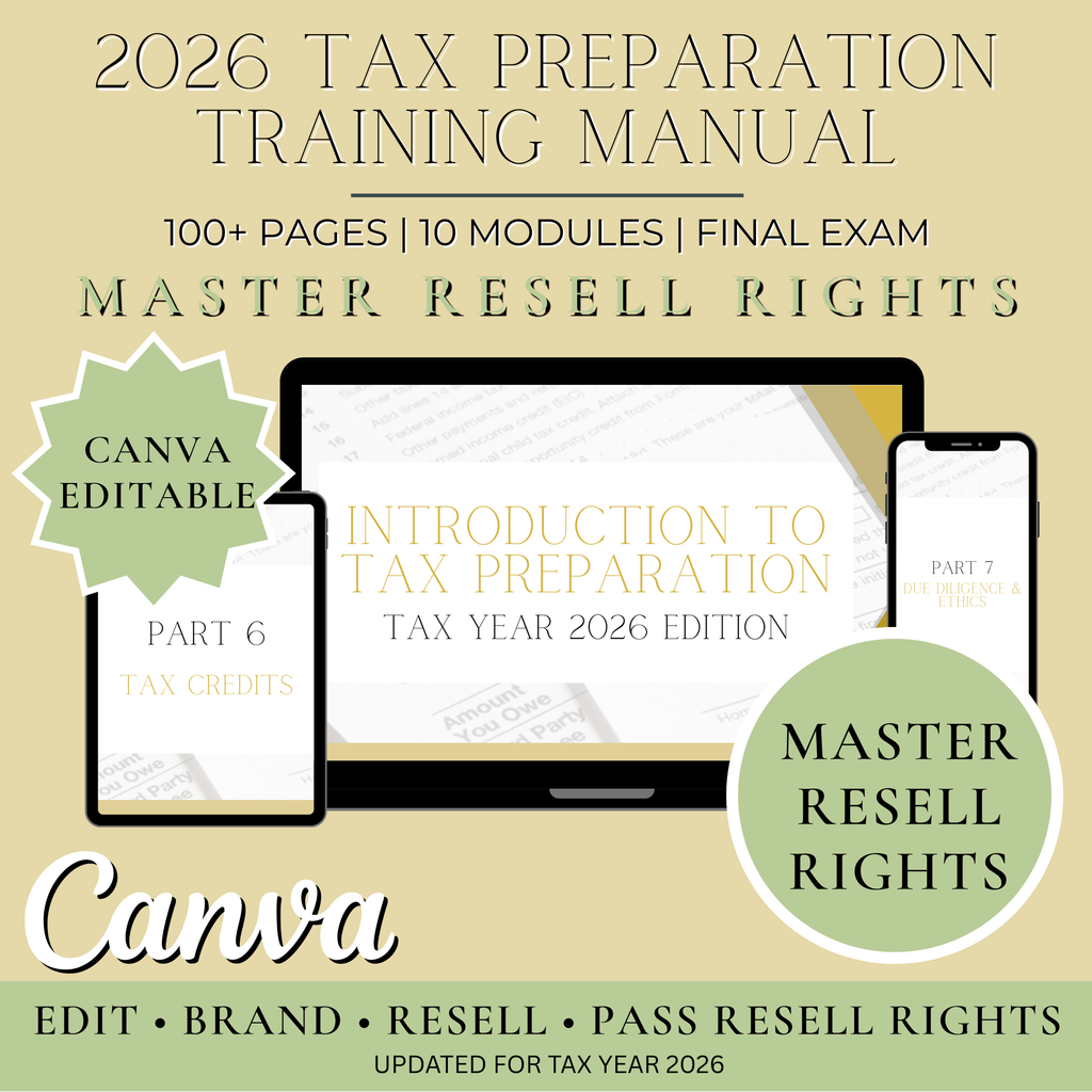 MRR Tax Preparation Training Manual | Master Resell Rights Included | Editable Canva Template