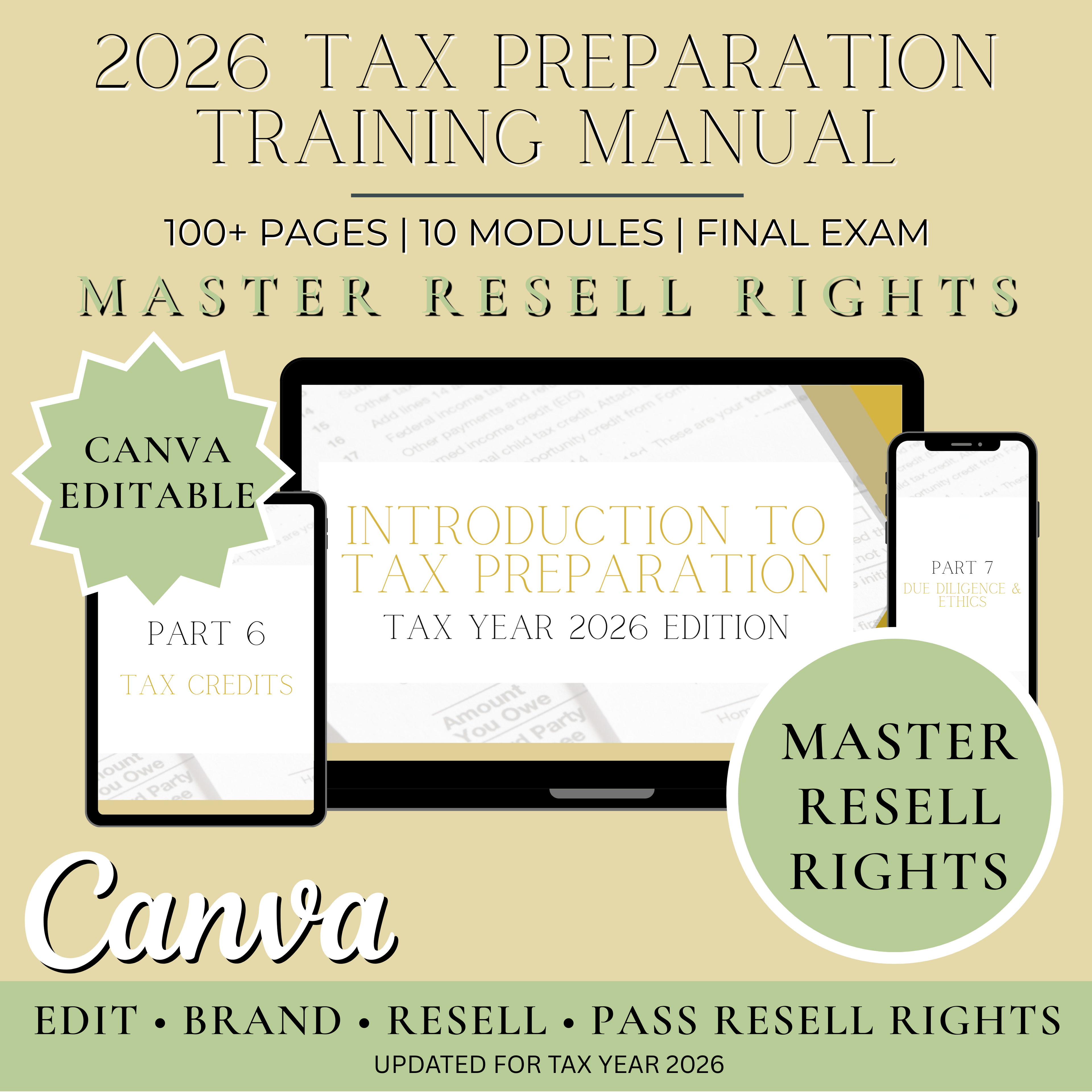 MRR Tax Preparation Training Manual | Master Resell Rights Included | Editable Canva Template