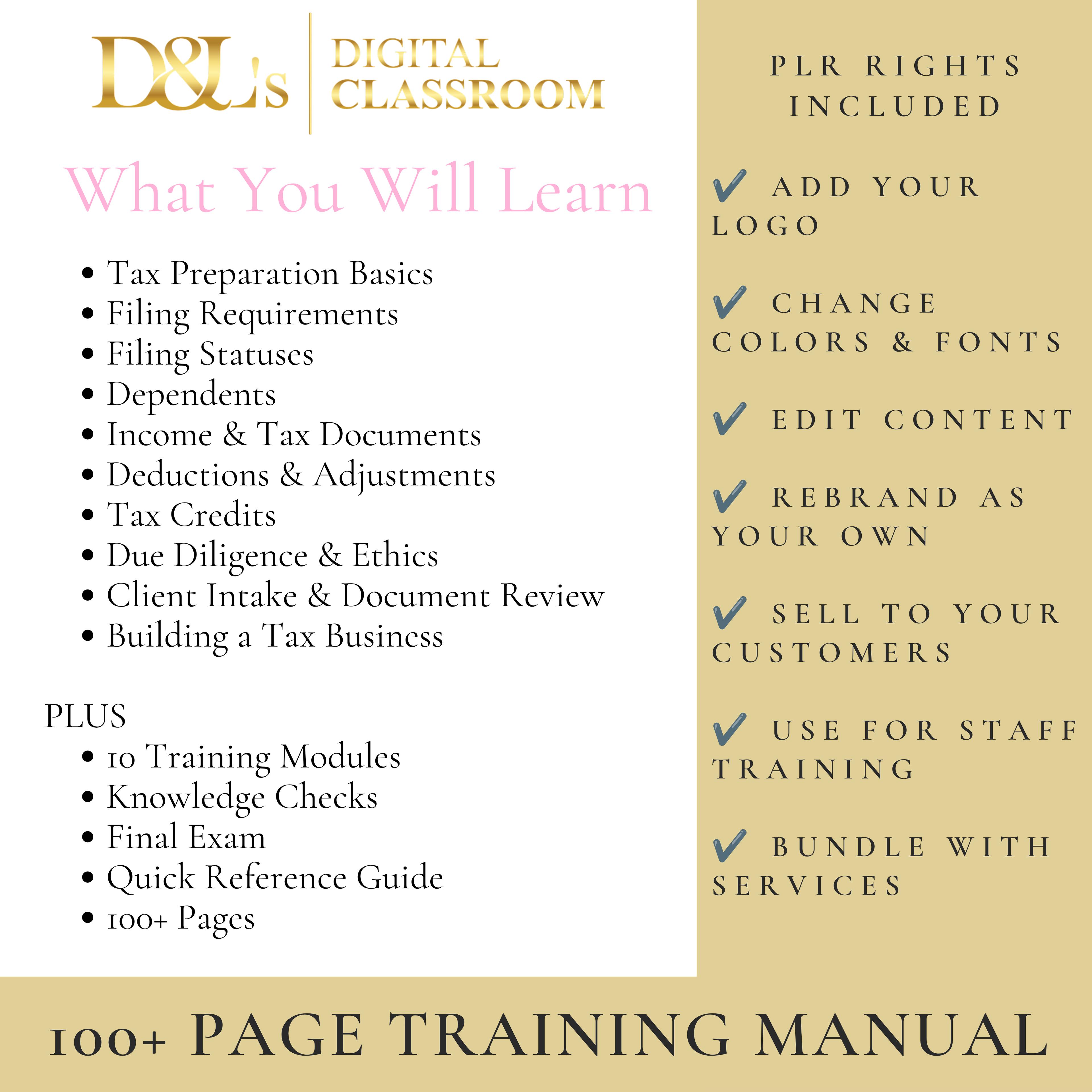PLR Tax Preparation Training Manual | Private Label Rights Included | Editable Canva Template
