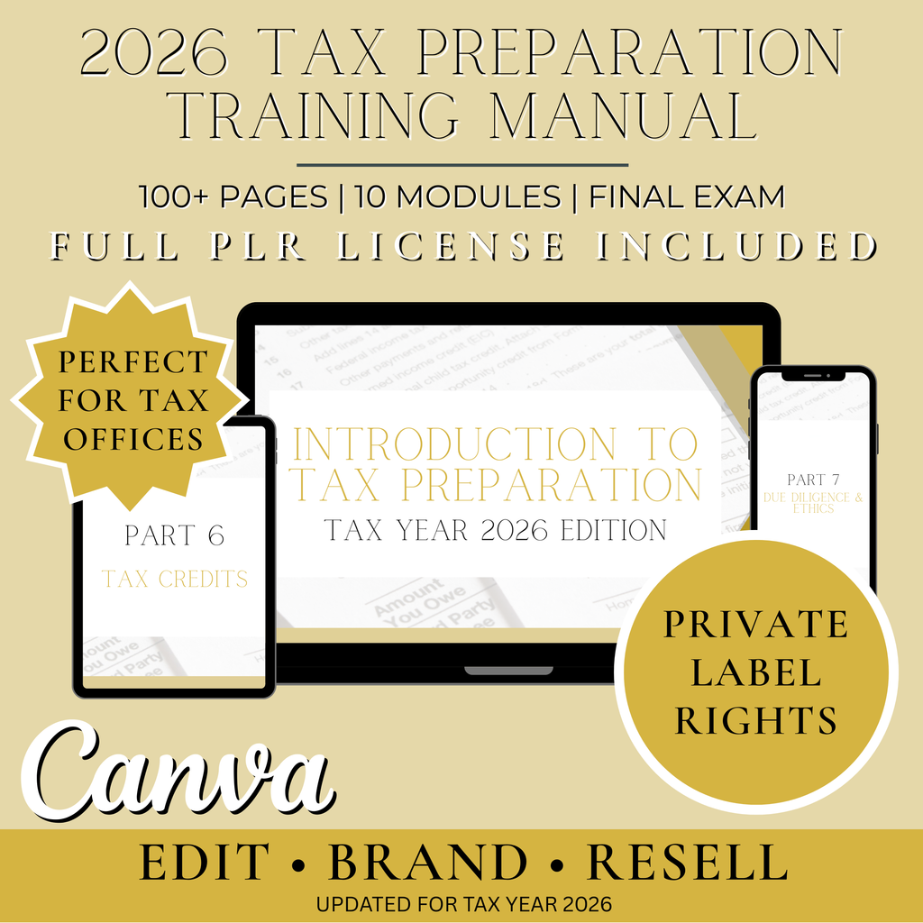 PLR Tax Preparation Training Manual | Private Label Rights Included | Editable Canva Template